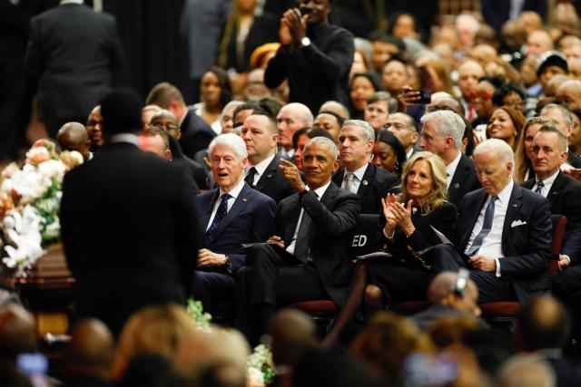 (L/R) Former US former president Bill Clinton, former president Barack Obama, former first lay Jill Biden and former president Joe Biden attend a public memorial service to celebrate the life of civil rights activist Reverend Jesse Jackson in Chicago, Illinois, on March 6, 2026. Veteran US civil rights activist Reverend Jesse Jackson, one of the nation's most influential Black voices, died peacefully on February 17, 2026 at the age of 84. Jackson, a Baptist minister, had been a civil rights leader since the 1960s, when he marched with Martin Luther King Jr. and helped fundraise for the cause. (Photo by Kamil Krzaczynski / AFP)