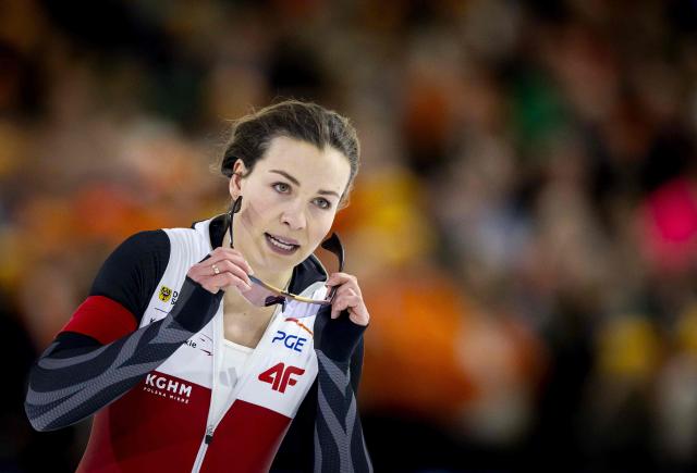 Poland's Kaja Ziomek-Nogal reacts as she competes in the women's 500m sprint during the 2026 ISU Speed Skating Allround and Sprint World Championships at the Thialf ice arena in Heerenveen, on March 6, 2026. (Photo by Sem van der Wal / ANP / AFP) / Netherlands OUT