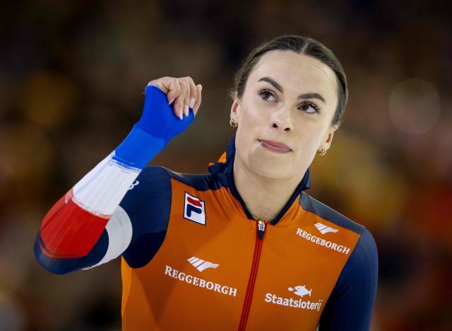 Netherlands' Femke Kok reacts as she competes in the women's 500m sprint during the 2026 ISU Speed Skating Allround and Sprint World Championships at the Thialf ice arena in Heerenveen, on March 6, 2026. (Photo by Sem van der Wal / ANP / AFP) / Netherlands OUT