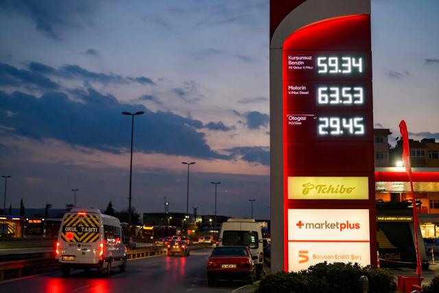 This photographe shows prices at a petrol station in Istanbul on March 6, 2026 as fears have grown of a possible inflationary wave as war in the Middle East sends energy prices shooting upwards. Many countries are watching for the impact on petrol prices du to turmoil in the Middle East after US and Israeli strikes on Iran, with the vital Strait of Hormuz effectively shut and several ships attacked. (Photo by Yasin AKGUL / AFP)