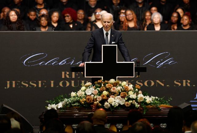 Former US president Joe Biden speaks at a public memorial service to celebrate the life of civil rights activist Reverend Jesse Jackson in Chicago, Illinois, on March 6, 2026. Veteran US civil rights activist Reverend Jesse Jackson, one of the nation's most influential Black voices, died peacefully on February 17, 2026 at the age of 84. Jackson, a Baptist minister, had been a civil rights leader since the 1960s, when he marched with Martin Luther King Jr. and helped fundraise for the cause. (Photo by Kamil Krzaczynski / AFP)