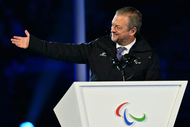International Paralympic Committee President Andrew Parsons delivers a speech during the Milano Cortina 2026 Winter Paralympic Games opening ceremony at Arena di Verona in Verona on March 6, 2026. (Photo by Stefano RELLANDINI / AFP)