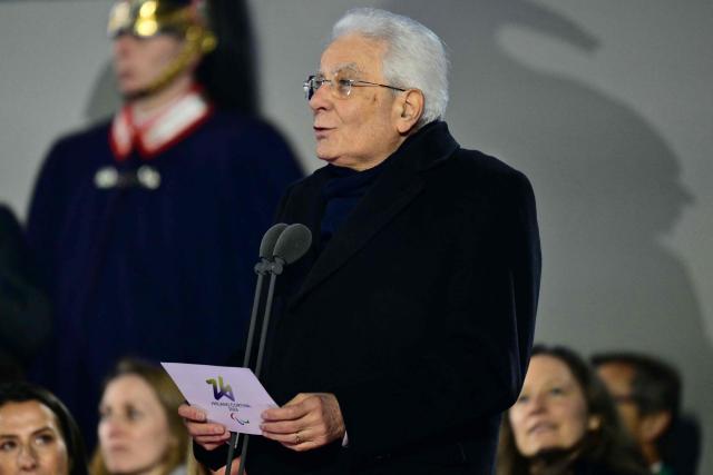 President of Italy Sergio Mattarella delivers a speech during the Milano Cortina 2026 Winter Paralympic Games opening ceremony at Arena di Verona in Verona on March 6, 2026. (Photo by Stefano RELLANDINI / AFP)