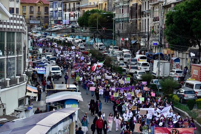 Demonstrators take part in a march against government on the eve of International Women's Day in La Paz on March 6, 2026. The International Women's Rights Day will fall on March 8, 2026. (Photo by Jorge BERNAL / AFP)