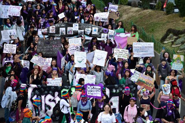 Demonstrators take part in a march against government on the eve of International Women's Day in La Paz on March 6, 2026. The International Women's Rights Day will fall on March 8, 2026. (Photo by Jorge BERNAL / AFP)
