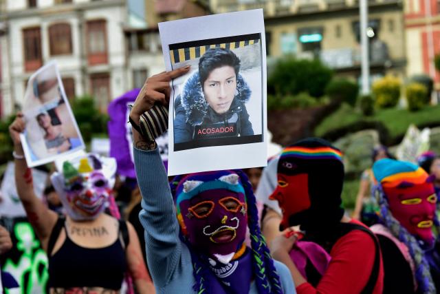 Feminist groups perform during a march against government on the eve of International Women's Day in La Paz on March 6, 2026. The International Women's Rights Day will fall on March 8, 2026. (Photo by Jorge BERNAL / AFP)