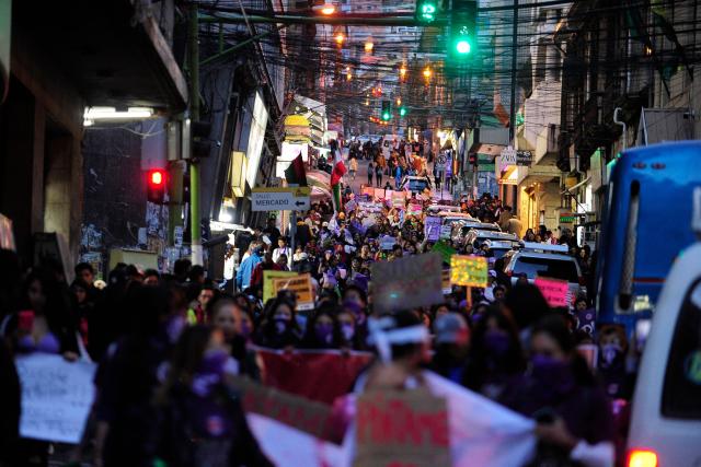 Demonstrators take part in a march against the government on the eve of International Women's Day in La Paz on March 6, 2026. The International Women's Rights Day will fall on March 8, 2026. (Photo by Jorge BERNAL / AFP)