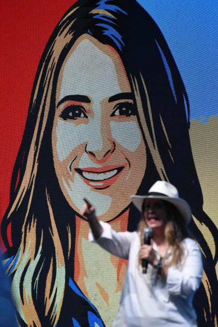 Colombia's presidential candidate Paloma Valencia for the Centro Democratico party speaks to supporters at her closing campaign rally in Medellin, Colombia on March 6, 2026. Colombia will hold legislative elections on March 8 and presidential elections on May 31. (Photo by Jaime SALDARRIAGA / AFP)