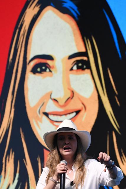 Colombia's presidential candidate Paloma Valencia for the Centro Democratico party speaks to supporters at her closing campaign rally in Medellin, Colombia on March 6, 2026. Colombia will hold legislative elections on March 8 and presidential elections on May 31. (Photo by Jaime SALDARRIAGA / AFP)