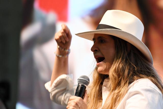 Colombia's presidential candidate Paloma Valencia for the Centro Democratico party speaks to supporters at her closing campaign rally in Medellin, Colombia on March 6, 2026. Colombia will hold legislative elections on March 8 and presidential elections on May 31. (Photo by Jaime SALDARRIAGA / AFP)