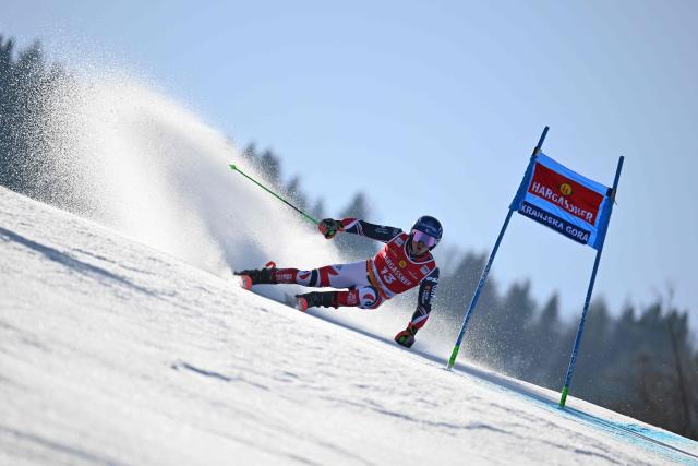 France's Leo Anguenot during the first run of the Men's Giant Slalom event, part of FIS Alpine Ski World Cup 2025-2026 in Krankska Gora, Slovenia, on March 7, 2026. (Photo by JURE MAKOVEC / AFP)