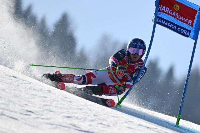 France's Leo Anguenot during the first run of the Men's Giant Slalom event, part of FIS Alpine Ski World Cup 2025-2026 in Krankska Gora, Slovenia, on March 7, 2026. (Photo by JURE MAKOVEC / AFP)