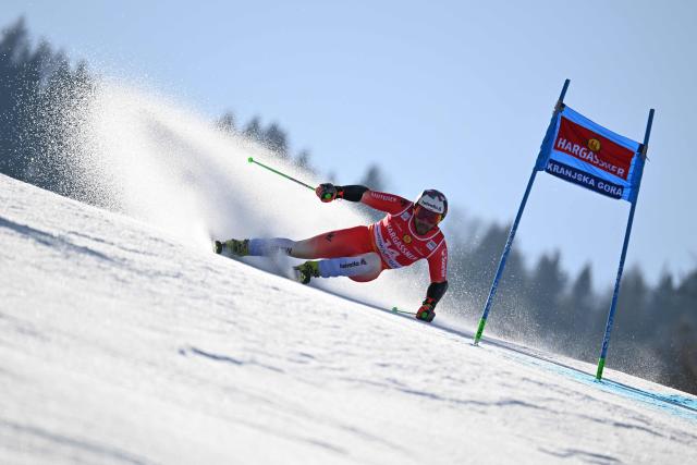Switzerland's Luca Aerni during the first run of the Men's Giant Slalom event, part of FIS Alpine Ski World Cup 2025-2026 in Krankska Gora, Slovenia, on March 7, 2026. (Photo by JURE MAKOVEC / AFP)