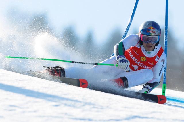 Brazil's Lucas Pinheiro Braathen during the first run of the Men's Giant Slalom event, part of FIS Alpine Ski World Cup 2025-2026 in Krankska Gora, Slovenia, on March 7, 2026. (Photo by BORUT ZIVULOVIC / AFP)