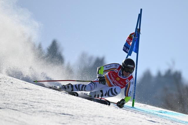 Germany's Anton Grammel during the first run of the Men's Giant Slalom event, part of FIS Alpine Ski World Cup 2025-2026 in Krankska Gora, Slovenia, on March 7, 2026. (Photo by JURE MAKOVEC / AFP)