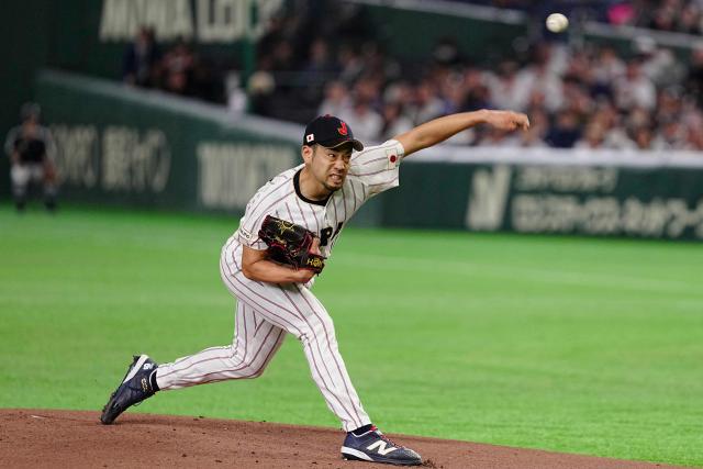 Japan's Yusei Kikuchi pitches South Korea's during the World Baseball Classic (WBC) Pool C game between Japan and South Korea at the Tokyo Dome in Tokyo on March 7, 2026. (Photo by Yuichi YAMAZAKI / AFP)