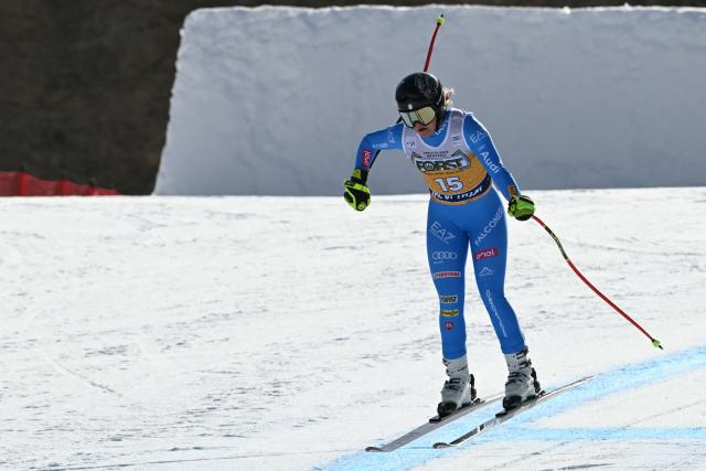 Italy's Laura Pirovano competes in the Women's Downhill race of the FIS Ski World Cup at the La Volata slope in the Passo San Pellegrino ski area, Val di Fassa, Italy on March 7, 2026. (Photo by Andreas SOLARO / AFP)