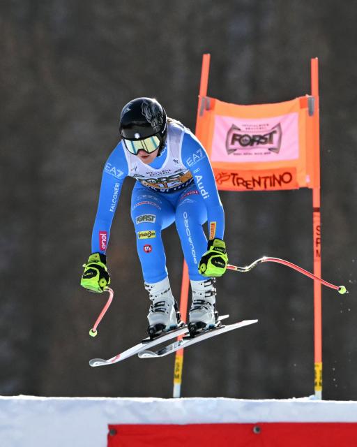Italy's Laura Pirovano competes in the Women's Downhill race of the FIS Ski World Cup at the La Volata slope in the Passo San Pellegrino ski area, Val di Fassa, Italy on March 7, 2026. (Photo by Andreas SOLARO / AFP)