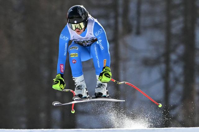 Italy's Laura Pirovano competes in the Women's Downhill race of the FIS Ski World Cup at the La Volata slope in the Passo San Pellegrino ski area, Val di Fassa, Italy on March 7, 2026. (Photo by Andreas SOLARO / AFP)