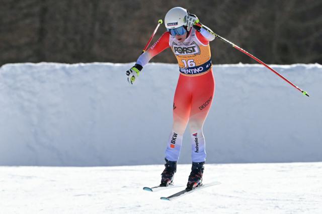 Switzerland's Jasmine Flury competes in the Women's Downhill race of the FIS Ski World Cup at the La Volata slope in the Passo San Pellegrino ski area, Val di Fassa, Italy on March 7, 2026. (Photo by Andreas SOLARO / AFP)