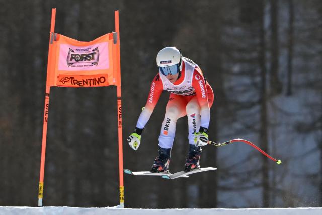 Switzerland's Jasmine Flury competes in the Women's Downhill race of the FIS Ski World Cup at the La Volata slope in the Passo San Pellegrino ski area, Val di Fassa, Italy on March 7, 2026. (Photo by Andreas SOLARO / AFP)