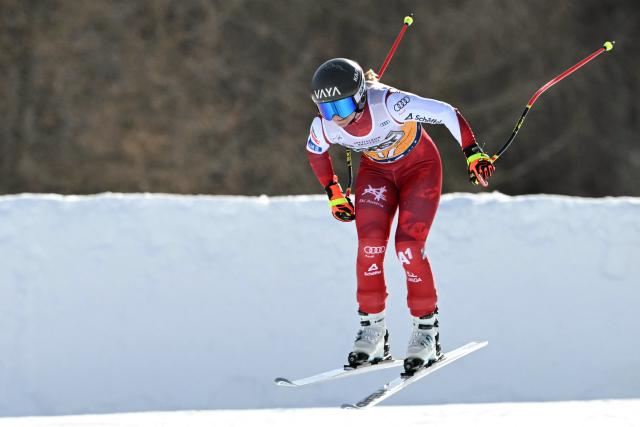 Austria's Ariane Radler competes in the Women's Downhill race of the FIS Ski World Cup at the La Volata slope in the Passo San Pellegrino ski area, Val di Fassa, Italy on March 7, 2026. (Photo by Andreas SOLARO / AFP)