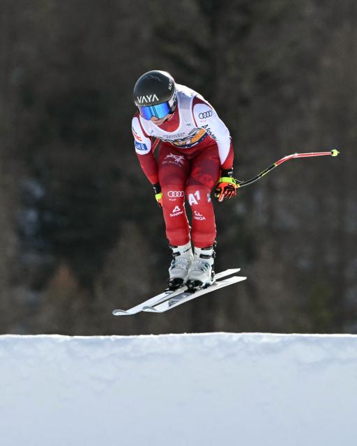 Austria's Ariane Radler competes in the Women's Downhill race of the FIS Ski World Cup at the La Volata slope in the Passo San Pellegrino ski area, Val di Fassa, Italy on March 7, 2026. (Photo by Andreas SOLARO / AFP)