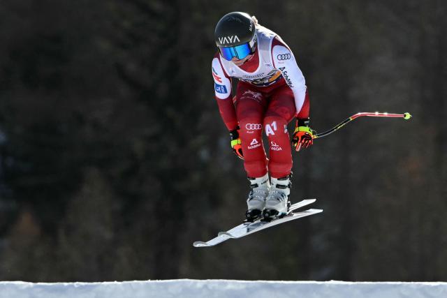 Austria's Ariane Radler competes in the Women's Downhill race of the FIS Ski World Cup at the La Volata slope in the Passo San Pellegrino ski area, Val di Fassa, Italy on March 7, 2026. (Photo by Andreas SOLARO / AFP)