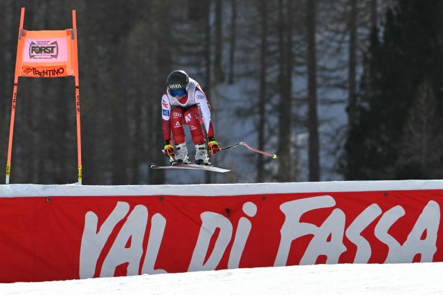 Austria's Ariane Radler competes in the Women's Downhill race of the FIS Ski World Cup at the La Volata slope in the Passo San Pellegrino ski area, Val di Fassa, Italy on March 7, 2026. (Photo by Andreas SOLARO / AFP)