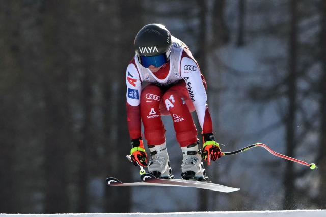 Austria's Ariane Radler competes in the Women's Downhill race of the FIS Ski World Cup at the La Volata slope in the Passo San Pellegrino ski area, Val di Fassa, Italy on March 7, 2026. (Photo by Andreas SOLARO / AFP)