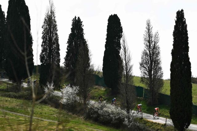 The pack rides during the 20th one-day classic 'Strade Bianche' (White Roads) men's cycling race between Siena and Siena in Tuscany on March 7, 2026. (Photo by Marco BERTORELLO / AFP)