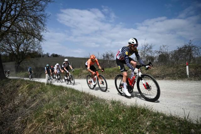 Lidl-Trek's US Quinn Simmons rides during the 20th one-day classic 'Strade Bianche' (White Roads) men's cycling race between Siena and Siena in Tuscany on March 7, 2026. (Photo by Marco BERTORELLO / AFP)