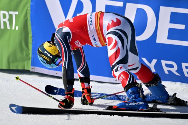 France's Thibaut Favrot reacts after crossing the finish line during the second run of the Men's Giant Slalom event, part of FIS Alpine Ski World Cup 2025-2026 in Kranjska Gora, Slovenia, on March 7, 2026. (Photo by JURE MAKOVEC / AFP)