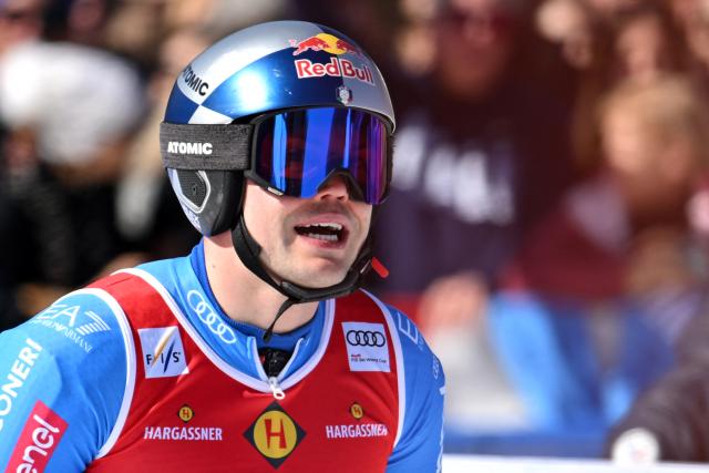 Italy's Alex Vinatzer reacts after crossing the finish line during the second run of the Men's Giant Slalom event, part of FIS Alpine Ski World Cup 2025-2026 in Kranjska Gora, Slovenia, on March 7, 2026. (Photo by JURE MAKOVEC / AFP)