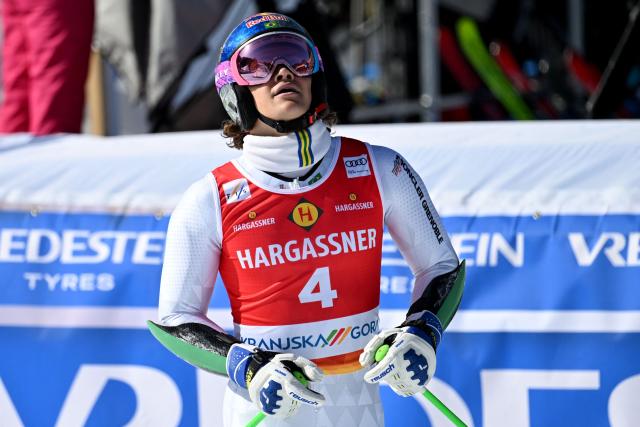 Brazil's Lucas Pinheiro Braathen reacts after crossing the finish line during the second run of the Men's Giant Slalom event, part of FIS Alpine Ski World Cup 2025-2026 in Kranjska Gora, Slovenia, on March 7, 2026. (Photo by JURE MAKOVEC / AFP)