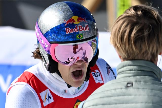 Brazil's Lucas Pinheiro Braathen reacts after crossing the finish line during the second run of the Men's Giant Slalom event, part of FIS Alpine Ski World Cup 2025-2026 in Kranjska Gora, Slovenia, on March 7, 2026. (Photo by JURE MAKOVEC / AFP)