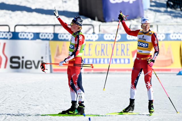 The winner Johannes Hoesflot Klaebo (R) of Norway and his second placed compatriot Lars Heggen react after crossing the finnish line of the Cross-Country Skiing Men's Sprint Free Style final at the FIS Nordic World Cup Lahti Ski Games in Lahti, Finland, on March 7, 2026. (Photo by Emmi Korhonen / Lehtikuva / AFP) / Finland OUT