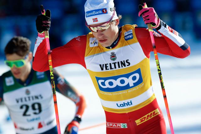 Johannes Hoesflot Klaebo of Norway competes to win the Cross-Country Skiing Men's Sprint Free Style final at the FIS Nordic World Cup Lahti Ski Games in Lahti, Finland, on March 7, 2026. (Photo by Petri Korteniemi / Lehtikuva / AFP) / Finland OUT