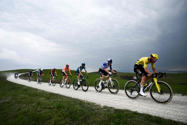 The breakaway rides during the 20th one-day classic 'Strade Bianche' (White Roads) men's cycling race between Siena and Siena in Tuscany on March 7, 2026. (Photo by Marco BERTORELLO / AFP)
