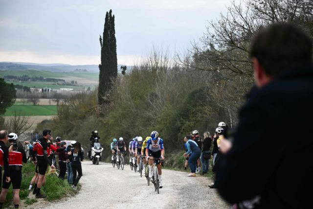 The breakaway rides during the 20th one-day classic 'Strade Bianche' (White Roads) men's cycling race between Siena and Siena in Tuscany on March 7, 2026. (Photo by Marco BERTORELLO / AFP)