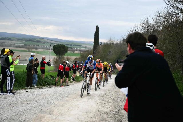 The breakaway rides during the 20th one-day classic 'Strade Bianche' (White Roads) men's cycling race between Siena and Siena in Tuscany on March 7, 2026. (Photo by Marco BERTORELLO / AFP)