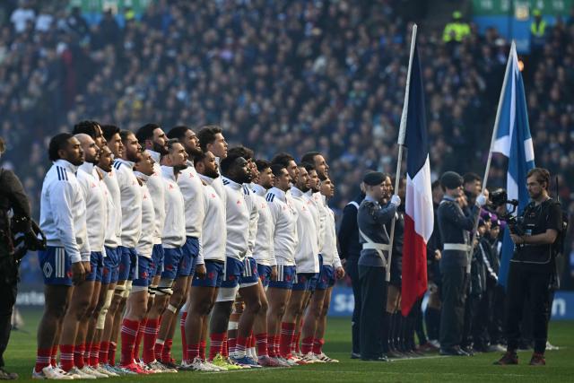 French players line up ahead of kick-off in the Six Nations international rugby union match between Scotland and France at Murrayfield Stadium in Edinburgh, Scotland on March 7, 2026. (Photo by Paul ELLIS / AFP)