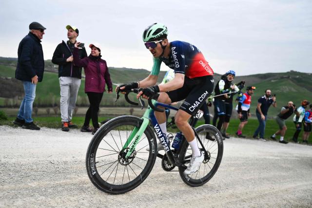 Decathlon CMA CGM Team's French Paul Seixas rides during the 20th one-day classic 'Strade Bianche' (White Roads) men's cycling race between Siena and Siena in Tuscany on March 7, 2026. (Photo by Marco BERTORELLO / AFP)