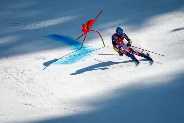 France's Thibaut Favrot competes during the second run of the Men's Giant Slalom event, part of FIS Alpine Ski World Cup 2025-2026 in Kranjska Gora, Slovenia on March 7, 2026. (Photo by Jure Makovec / AFP)