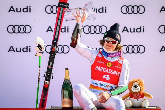 Brazil's Lucas Pinheiro Braathen celebrates after winning the Men's Giant Slalom event, part of FIS Alpine Ski World Cup 2025-2026 in Kranjska Gora, Slovenia on March 7, 2026. (Photo by Jure Makovec / AFP)