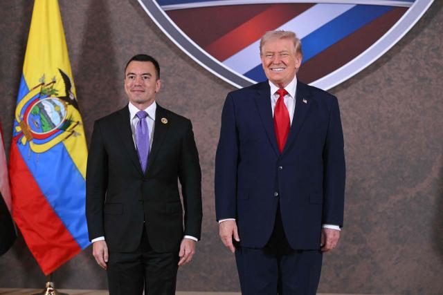 US President Donald Trump and President of Ecuador Daniel Noboa (L) pose for a photo at the beginning of the "Shield of the Americas" Summit at Trump National Doral in Miami, Florida, March 7, 2026. President Trump is hosting a dozen right-wing leaders from Latin America and the Caribbean to discuss issues facing the region, from organized crime to illegal immigration. The summit also aims to serve Washington by boosting US interests in the region and curbing those from foreign powers like China. (Photo by SAUL LOEB / AFP)