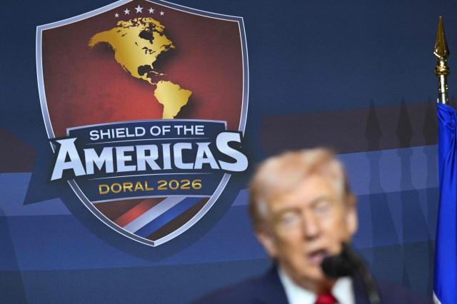 US President Donald Trump speaks during the "Shield of the Americas" Summit at Trump National Doral in Miami, Florida, March 7, 2026. President Trump is hosting a dozen right-wing leaders from Latin America and the Caribbean to discuss issues facing the region, from organized crime to illegal immigration. The summit also aims to serve Washington by boosting US interests in the region and curbing those from foreign powers like China. (Photo by SAUL LOEB / AFP)
