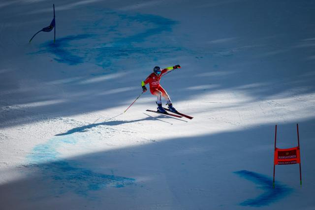 Switzerland's Marco Odermatt competes during the second run of the Men's Giant Slalom event, part of FIS Alpine Ski World Cup 2025-2026 in Kranjska Gora, Slovenia on March 7, 2026. (Photo by Jure Makovec / AFP)
