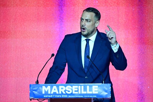 French leftist party La France Insoumise (LFI) candidate Sebastien Delogu delivers a speech during his electoral campaign meeting for French municipal elections in Marseille, southern rance, on March 7, 2026. French voters head to the polls for municipal elections on March 15 and 22, 2026. (Photo by Miguel MEDINA / AFP)