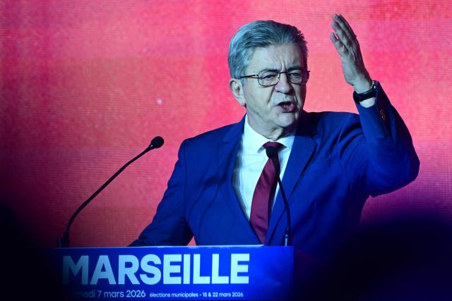 Leader of French left-wing La France Insoumise (LFI) party Jean-Luc Melenchon delivers a speech during an electoral campaign meeting of the local LFI candidate for French municipal elections in Marseille, southern France, on March 7, 2026. French voters head to the polls for municipal elections on March 15 and 22, 2026. (Photo by Miguel MEDINA / AFP)